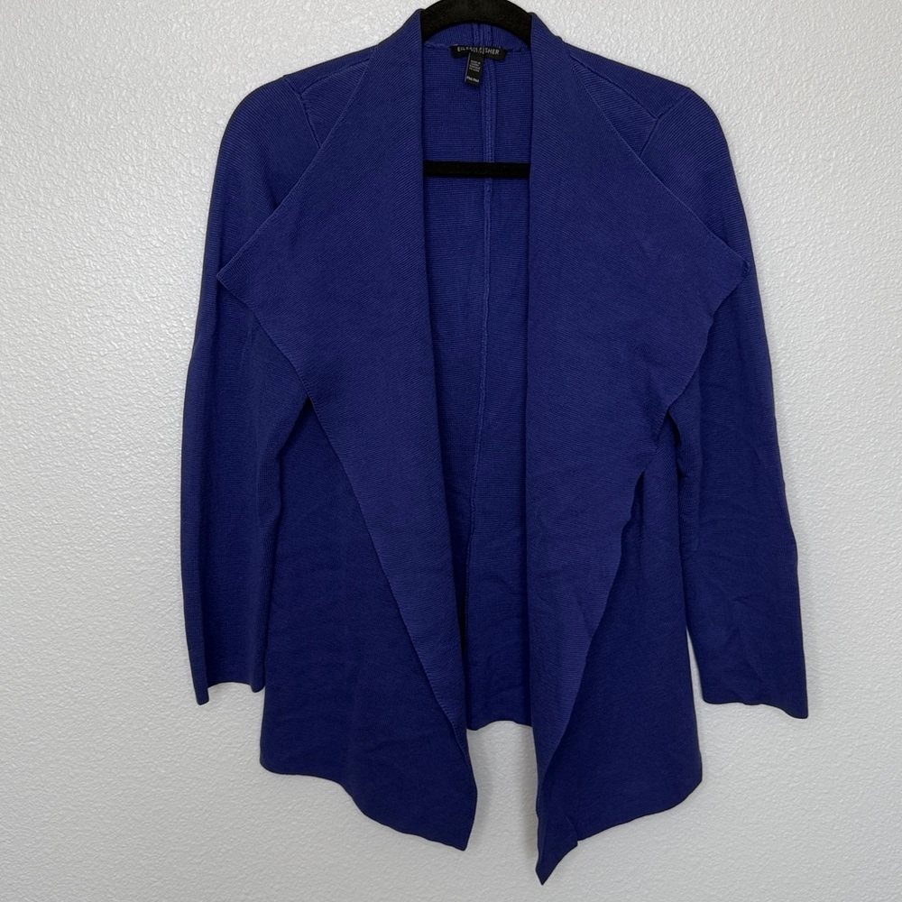 Eileen Fisher Blue Cardigan Silk Cotton Drape Open Front Petite Medium